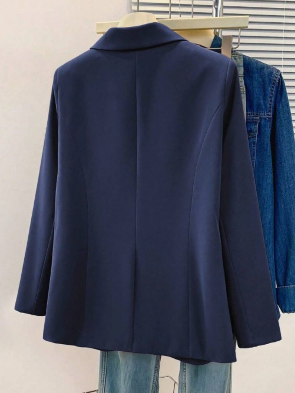 Women's Navy Blue Notch Lapel Blazer Office Business Casual Long Sleeve Jacket - Picture 4 of 5
